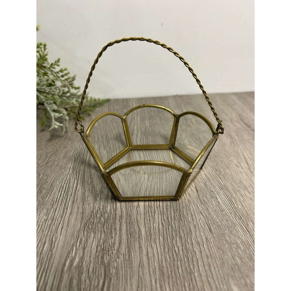 Vintage Brass Trim & Glass Basket Bowl With Handle 4.5”x2”